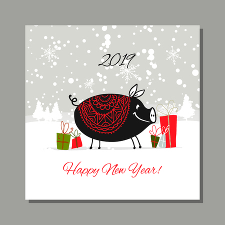 Christmas card, santa pig in forest. Symbol of 2019. Vector illustrationのイラスト素材