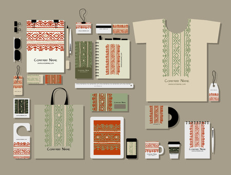 Corporate flat mock-up template, folk ornament. Vector illustrationのイラスト素材