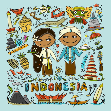 Travel to Indonesia. Greeting card for your design. Vector illustrationのイラスト素材
