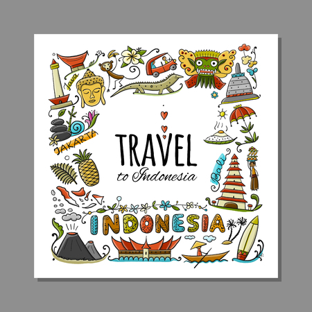 Travel to Indonesia. Greeting card for your design. Vector illustrationのイラスト素材