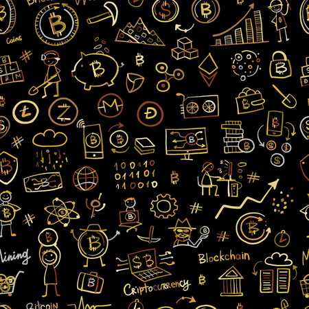 Bitcoin, cryptocurrency and blockchain technology, seamless pattern for your design. Vector illustrationのイラスト素材