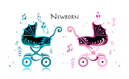 Baby carriage, ornate silhouette for your design. Vector illustrationのイラスト素材