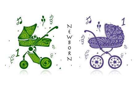 Baby carriage, ornate silhouette for your design. Vector illustrationのイラスト素材