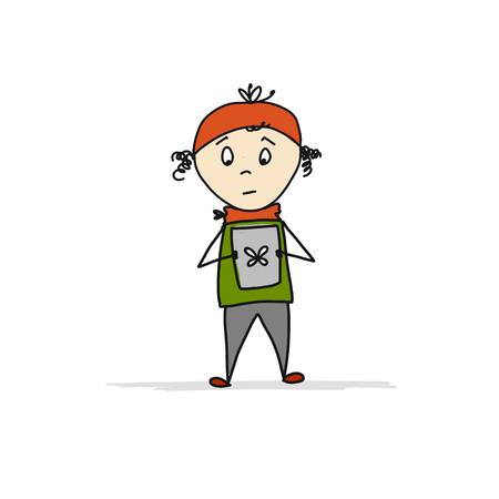 Boy with gadget, sketch for your design. Vector illustrationのイラスト素材