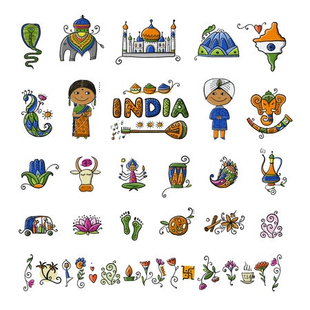 India, icons set. Sketch for your design. Vector illustrationのイラスト素材