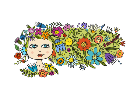 Greeting card design with pretty floral woman. Vector illustrationのイラスト素材