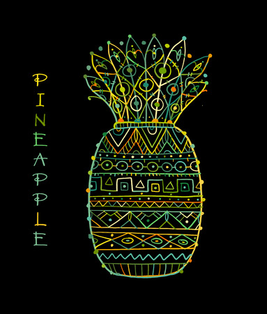 Pineapple, ethnic ornament, sketch for your design. Vector illustrationのイラスト素材