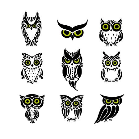 Cute owls collection, black silhouette for your designのイラスト素材