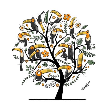 Tree with toucans, paradise tropical birds for your designのイラスト素材