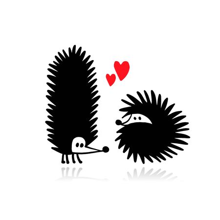 Funny hedgehogs in love, black silhouette for your designのイラスト素材