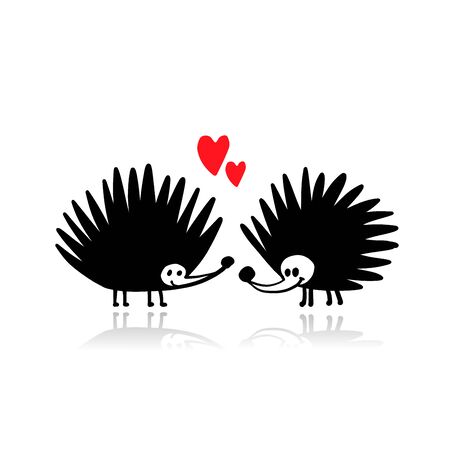 Funny hedgehogs in love, black silhouette for your designのイラスト素材