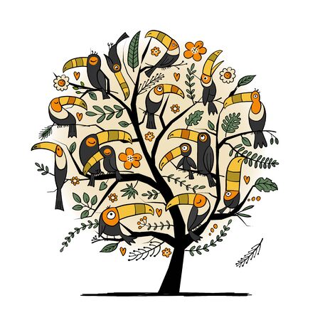 Tree with toucans, paradise tropical birds for your designのイラスト素材