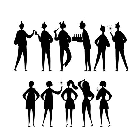 Student party with friends, boys and girls. Funny people characters. Silhouettes for your design. Vector illustrationのイラスト素材