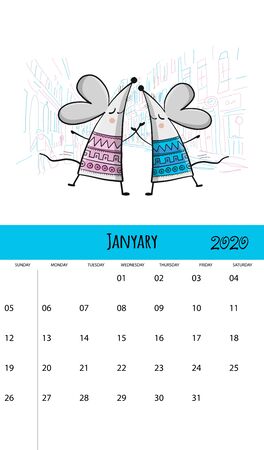 Funny mouses and travel, symbol of 2020 year. Calendar designのイラスト素材