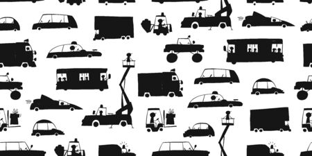 Baby toy cars collection, black silhouettes. Seamless pattern for fabric designのイラスト素材