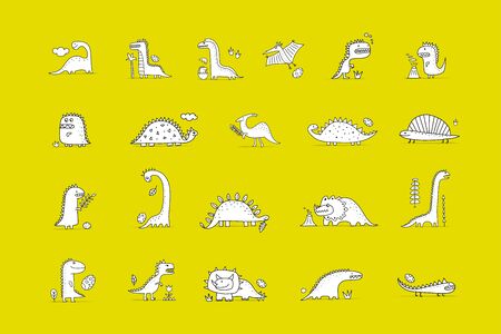 Funny dinosaurs collection, childish style. Coloring page for your design. Vector illustrationのイラスト素材