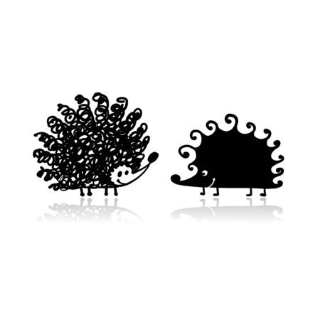 Funny hedgehogs in love, black silhouette for your designのイラスト素材