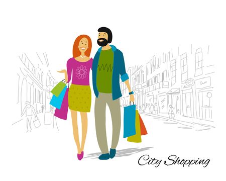Couple with shopping bags in the city. Vector illustrationのイラスト素材