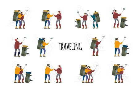 Hikers with backpacks takes selfie in mountainsのイラスト素材