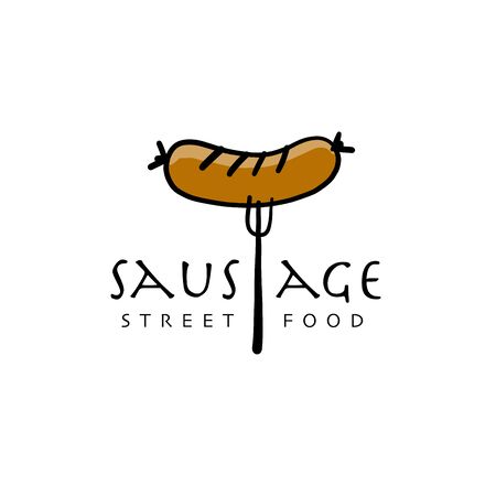 Barbecue or grill sausage. Vector icon of bbq on fork for picnic partyのイラスト素材