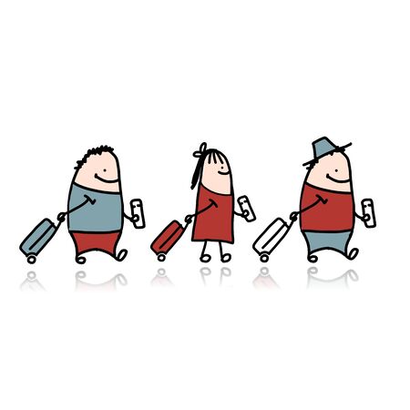 Peoples with suitcase and ticket, cartoon. Vector illustrationのイラスト素材