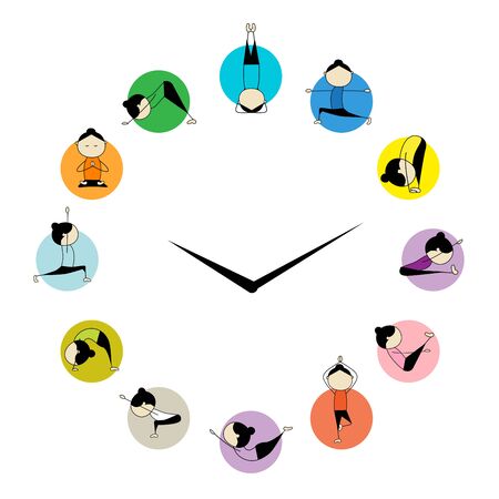Woman practicing Yoga. Circle clock concept. Poster infographics design for yoga studio. International Yoga Day greeting card.のイラスト素材