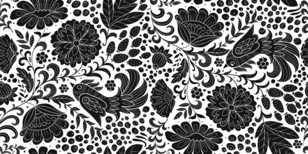 Magic forest with birds, seamless pattern for your designのイラスト素材