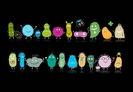 Funny and scary bacteria characters isolated on black. Vector icons of gut and intestinal flora, germs, virus. Illustrationのイラスト素材