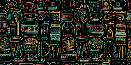 Fast food collection. Hamburger pizza sausages snacks sandwich ice cream. Food menu, seamless pattern for your designのイラスト素材