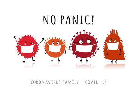 Coronavirus family, covid-19. Cute virus characters wearing masks, isolated on whiteのイラスト素材