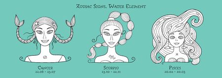 Illustration of Cancer, Scorpio, Pisces zodiac sign. Element of Water. Beautiful Girls Portrait. Coloring page For Your Design of Astrology Calendar, Horoscope, Print.のイラスト素材