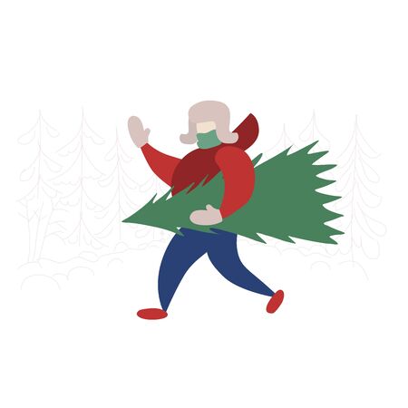Funny man run and hold Christmas tree. Forest sketch background. Vector illustrationのイラスト素材