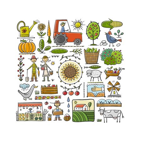 Organic Farm Background For your Design. Harvest Festival. Agriculture collection. Organic farming eco concept. Fresh products, locally grown and organic food. Farmers Market.のイラスト素材