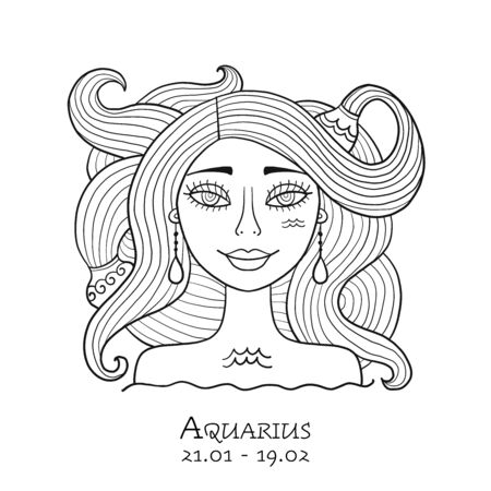 Illustration of Aquarius zodiac sign. Element of Air. Beautiful Girl Portrait. One of 12 Women in Collection For Your Design of Astrology Calendar, Horoscope, Print. Coloring pageのイラスト素材