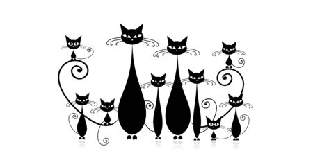 Funny cats family with kittens, black silhouetteのイラスト素材