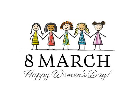 International Women s Day. Greeting card with girls together for your design. 8th of marchのイラスト素材