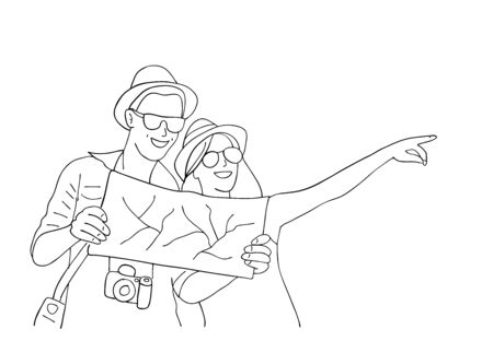 Young couple of travelers with map. Vacations and travel. Happy friends travel together. Simple sketch style.のイラスト素材