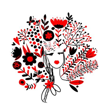 Pretty floral woman, red and black silhouette for your designのイラスト素材