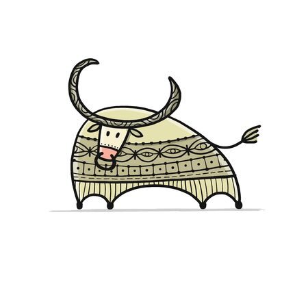 Funny sketch bull. Lunar horoscope sign. Happy new year 2021. Bull, ox, cow. Template for your design - poster, card, invitationのイラスト素材