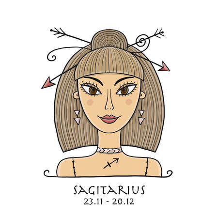 Illustration of Sagittarius zodiac sign. Element of Fire. Beautiful Girl Portrait. One of 12 Women in Collection For Your Design of Astrology Calendar, Horoscope, Print.のイラスト素材