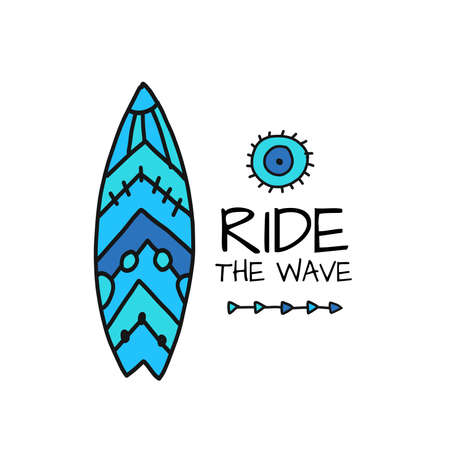 Ride the wave.Tribal ornament surfboard isolated on whiteのイラスト素材