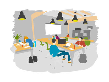 Concept of the coworking center. Business meeting. Shared working environment. People talking and working at the computers in the open space office. Sketch for your designのイラスト素材