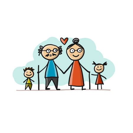 Happy family together, grandparents and grandchildrens. Sketch for your designのイラスト素材