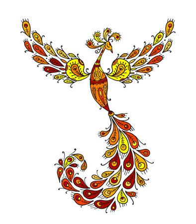 Firebird with a Majestic Tail. Phoenix Bird. Mythical character. Ornamental Silhouette for your designのイラスト素材