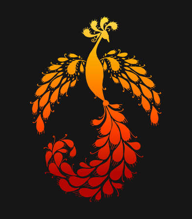 Firebird with a Majestic Tail. Phoenix Bird. Mythical character. Ornamental Silhouette for your designのイラスト素材