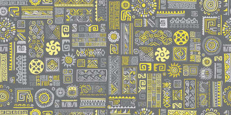 Ethnic handmade ornament, seamless pattern. Trend color 2021 - yellow and greyのイラスト素材