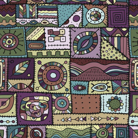 Sewn pieces of fabric in a patchwork style. Ethnic Ornament for your design. Seamless pattern