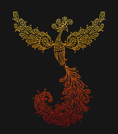 Firebird with a Majestic Tail. Phoenix Bird. Mythical character. Ornamental Silhouette for your designのイラスト素材