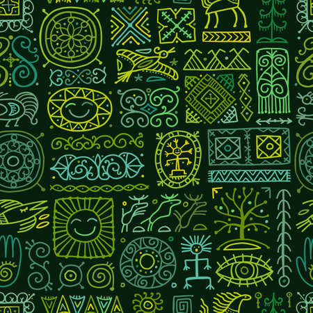 Ethnic handmade ornament, Folk Nordic Symbols. Seamless pattern for your design