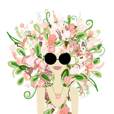 Floral female portrait, pretty woman in sunglasses. Design for fashion cards, banners, postersのイラスト素材